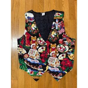 Vintage 111 Main Christmas Vest Large Black Gingerbread Bear Nutcracker Holiday